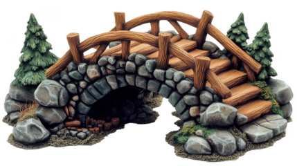 Enchanting miniature wooden bridge scene with stone archway and lush evergreen trees