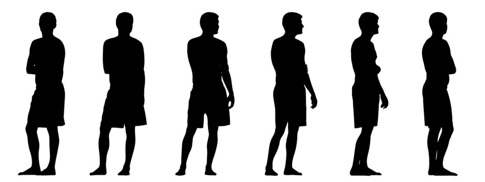 Vector concept or conceptual black silhouette of a young man in  shorts standing from different perspectives isolated on white background. A metaphor for sport, swimming, fitness,  health and wellness
