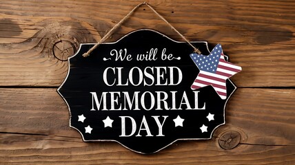 A closed memorial day sign hanging on a wooden wall with a star shaped american flag decoration nearby