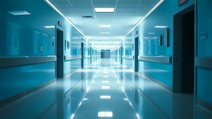 Fototapeta premium A modern, clean hospital corridor with polished floors, blue walls, bright lighting, and spacious design