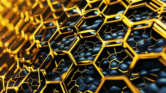 This abstract image features a honeycomb pattern in metallic gold against a black background, showcasing a modern and elegant design ideal for various creative projects.