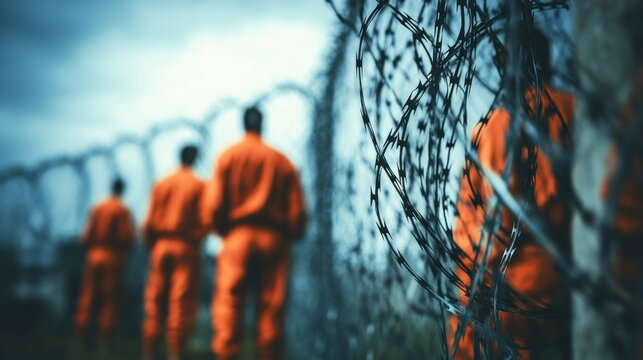 Prisoners walking away from barbed wire fence