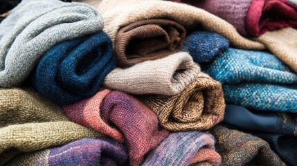 A vibrant collection of folded sweaters in various colors stacked together, showcasing textures