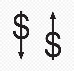 cost reduction icon vector in Black color. dollar decrease sign. profit decrease symbol. cost saving sign. vector illustration on transparent background. EPS 10.