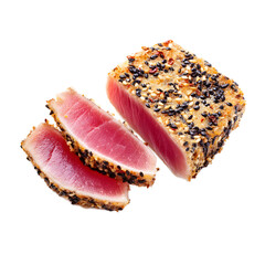 Seared tuna steak, delicately sliced and beautifully plated against a crisp white backdrop, showcasing the vibrant pink interior and sesame seed crust creating contrast.