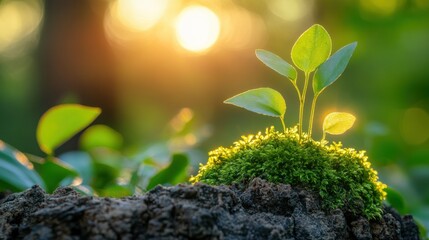 Tiny seedlings sprout from mossy rock, bathed in golden sunlight