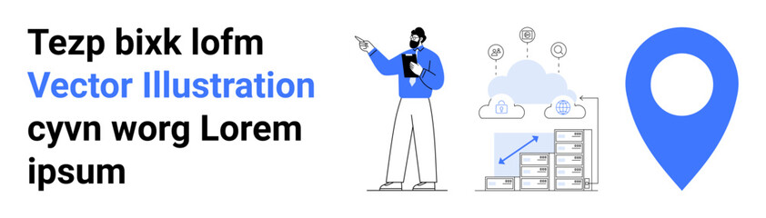 Man pointing to cloud elements, networking icons, bar chart, and location marker. Ideal for data analysis, cloud computing, business growth, geolocation services, app development tech ideas simple