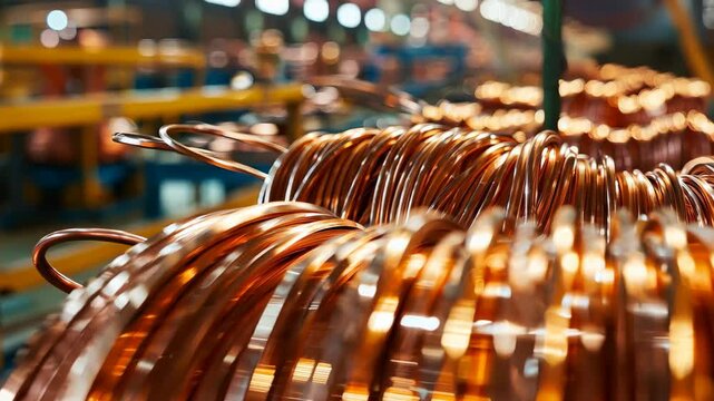An industrial workshop showcasing neatly stacked copper wire coils, highlighting the production environment and raw material organization in a metallic setting.