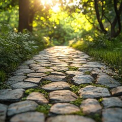 Sunlit Stone Path Through Lush Green Forest