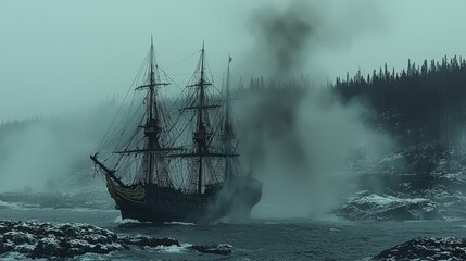 Sailing ship in a storm