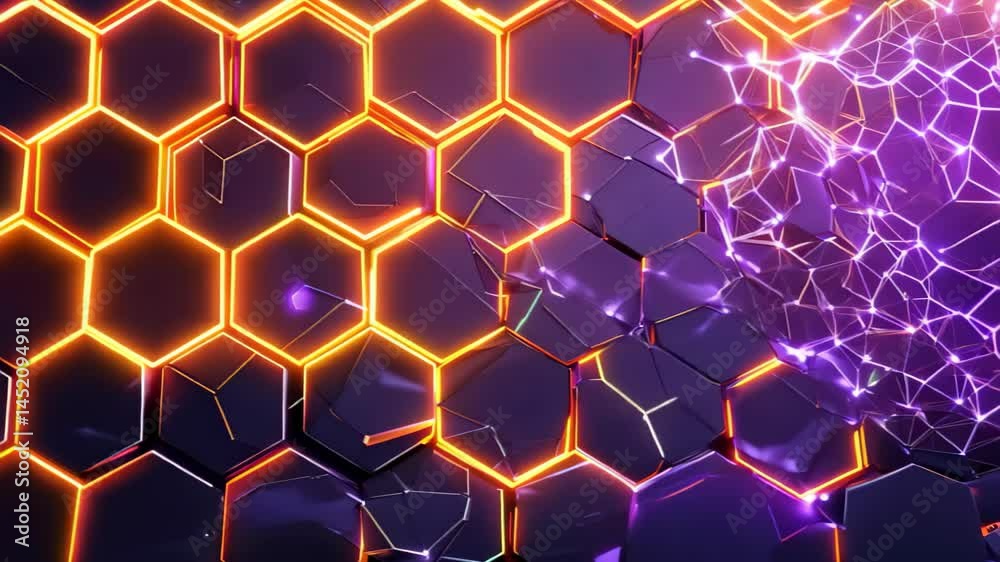 Wall mural vibrant abstract hexagonal pattern featuring glowing orange lines against a dark background. ideal f