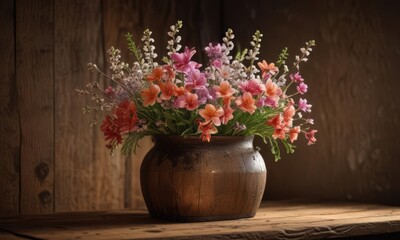Spring blooms in a rustic vase, illuminated by a warm lamplight on weathered wood , bloom, home, illuminated