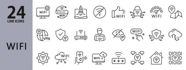 Wifi line icons set with Internet, Router, Network, Connect, Hotspot, VPN, Password and more. Editable Stroke