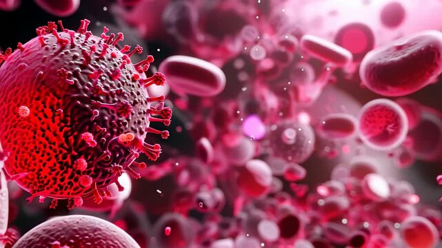 This dynamic image showcases virus particles in a vibrant environment, illustrating their intricate structures and highlighting the significance of molecular biology in health and disease.