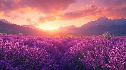Fototapeta premium Sunset over Lavender Field and Mountain Range
