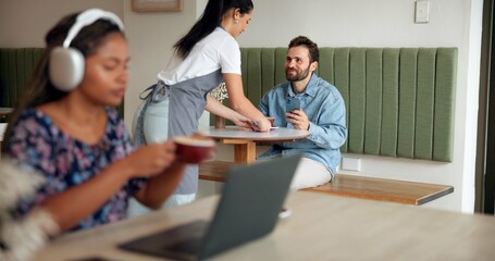 People, waitress and smile in cafe for customer service, hospitality and free connectivity on phone. Happy man, employee and coffee in shop for order, small business support and interaction at table