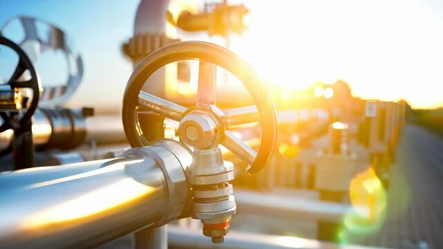 Close-up of a manual valve on metallic piping in an industrial setting, showcasing sunlight reflecting off the surface, highlighting engineering and machinery.