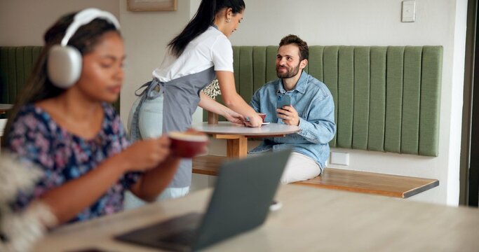 People, waitress and smile in cafe for customer service, hospitality and free connectivity on phone. Happy man, employee and coffee in shop for order, small business support and interaction at table