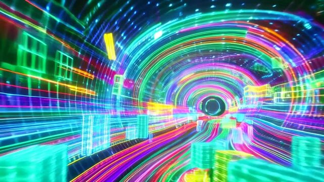 pattern like sci-fi hologram. Fly through technology cyberspace with neon glow. Sci-fi flight through hi-tech technology tunnel. Glow line. 3d looped seamless 4k bright bg. Data flow. Blocks