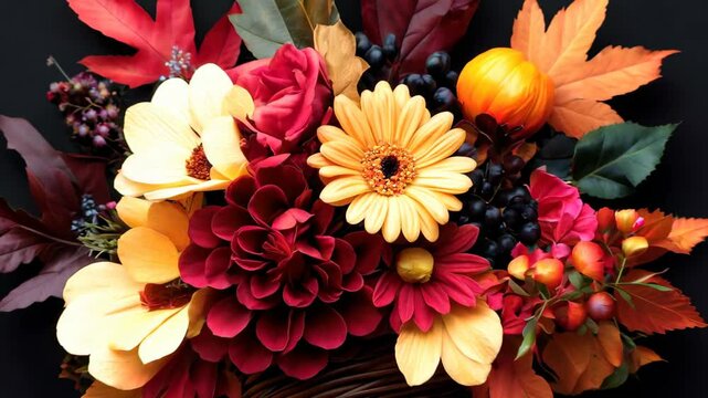 This stunning autumn floral arrangement in a cornucopia showcases vibrant colors and seasonal elements, perfect for fall decor and festive celebrations.