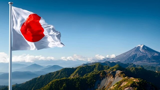 National symbol of Japan waving in wind and mountain fuji at back. Flag flapping on pole in foreground. Japan election concept with democracy and freedom.