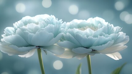 Two pale blue peonies, soft light, blurred background