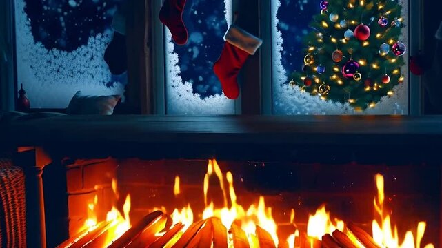Ultra-realistic 4K UHD looped footage of a cozy Christmas fireplace at night. Crackling wood burns with glowing embers, casting warm flickering light on a rustic living room.