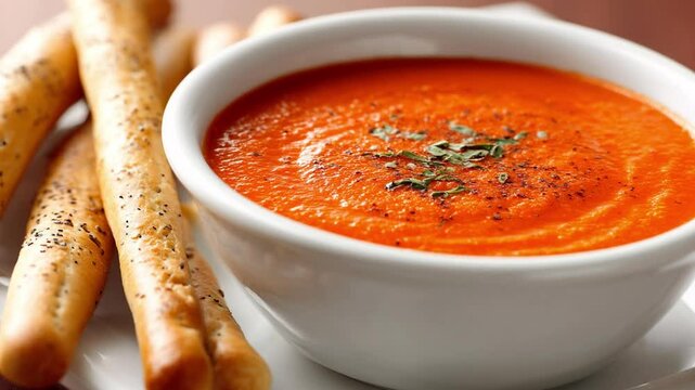 A bowl of tomato soup with breadsticks