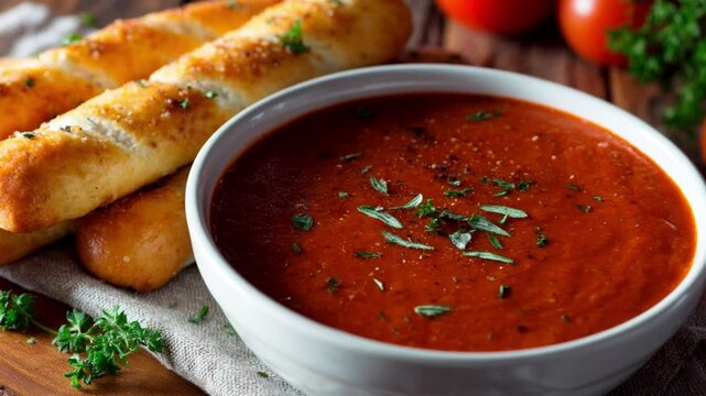 Delicious tomato soup and breadsticks 
