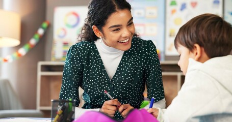 Smile, woman and teacher with child drawing for learning support, art lesson and kindergarten...