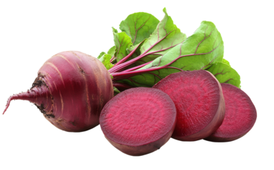 Freshly harvested beetroot with vibrant purple color and leafy greens displayed on a clean white background