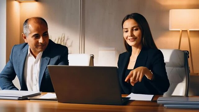 Lawyer or real estate agent make consultation for client. Mature Latin business man and European business woman discussing project on laptop sitting at table in office. Business people work together.