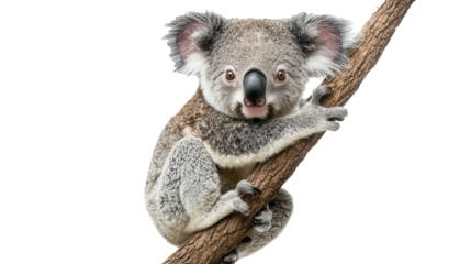 Koala climbing a tree branch in a natural habitat during daylight hours
