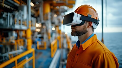 An engineer wearing virtual reality goggles stands on an offshore platform, focusing on a maintenance task