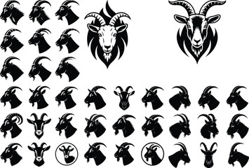 Goat Head Silhouette Set | Farm Animal Icon Bundle Goat Face Vector Icons | Horned Goat Head Silhouettes