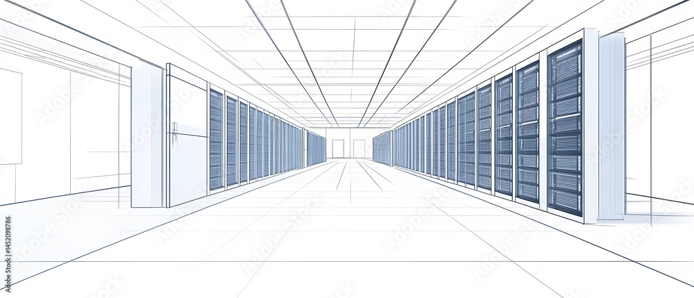 Poster a digital rendering of a modern data center showcasing rows of server racks and a spacious layout.