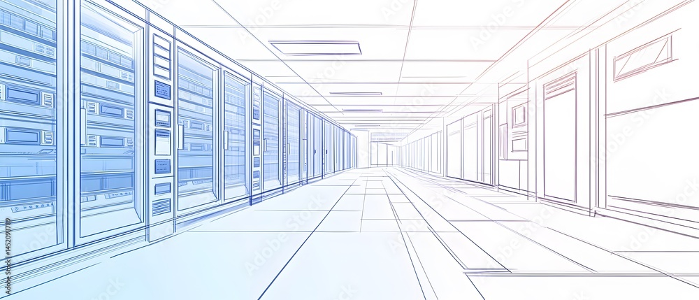 Poster a digital rendering of a modern data center hallway with server racks, emphasizing technology and in