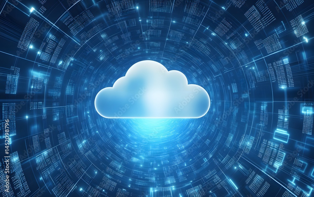 Poster a digital cloud symbol surrounded by a futuristic data tunnel, representing cloud computing, data st
