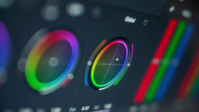Close up: screen monitor is a cinema color correction media post production software. Video editing and professional film grading program, interface. Bar and wheels. Macro shot
