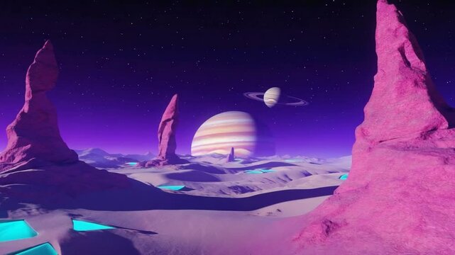 Alien landscape with vibrant, pink rock formations.
