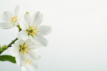Delicate white flower blossoms against pure white background, photography, fragile