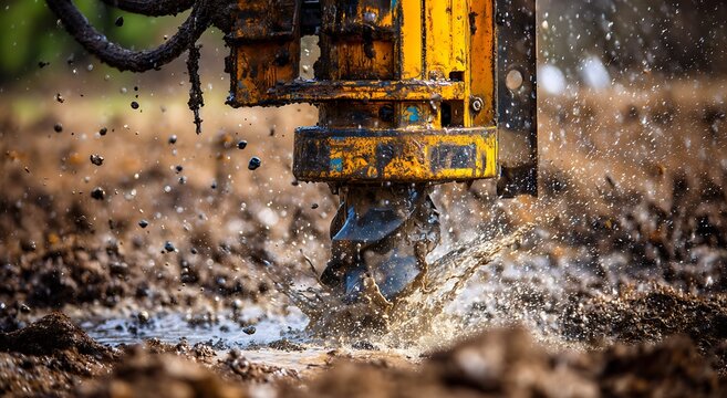 Closeup of a muddy auger drilling into the ground with water splashing