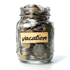A jar full of coins with the word vacation written on it. The jar is filled with a variety of coins