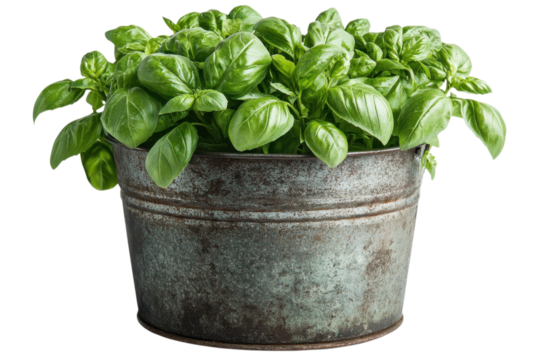 Vibrant Green Basil Bush in Rustic Metal Pot: Fresh Herb Garden Photography food leaf plant image on transparent background
