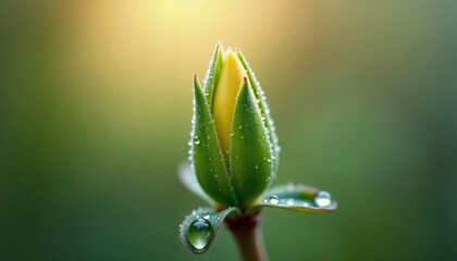 Tightly closed green flower bud serene glowing against soft blurry background