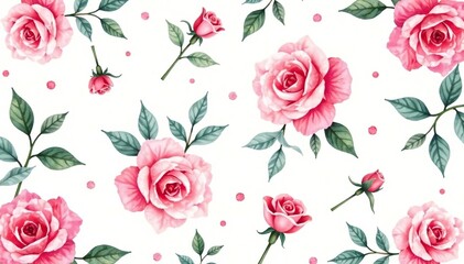 Delicate watercolor roses & leaves, repeating pattern, repeat, background pattern