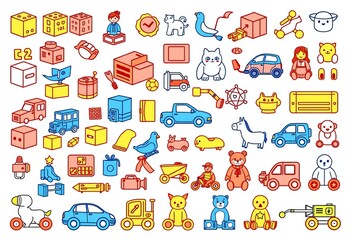 Fototapeta premium A collection of diverse line-art toy icons, including blocks, cars, dolls, and animals, isolated on a white background, graphic, kid