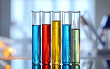Colorful test tubes filled with liquid in a laboratory setting, showcasing vibrant hues that represent various chemical solutions. Ideal for educational or scientific media.