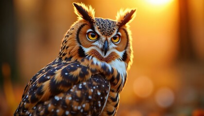 Majestic long-eared owl thoughtful looking forward against blurred woodland background