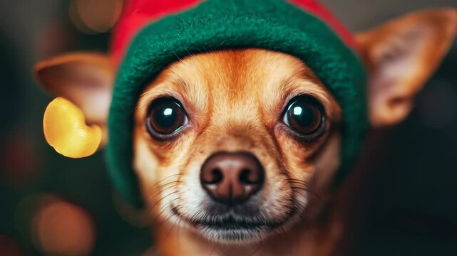 A charming dog wearing a green elf hat captures the essence of the holiday season. The warm background adds to the festive vibes, making it perfect for seasonal promotions.